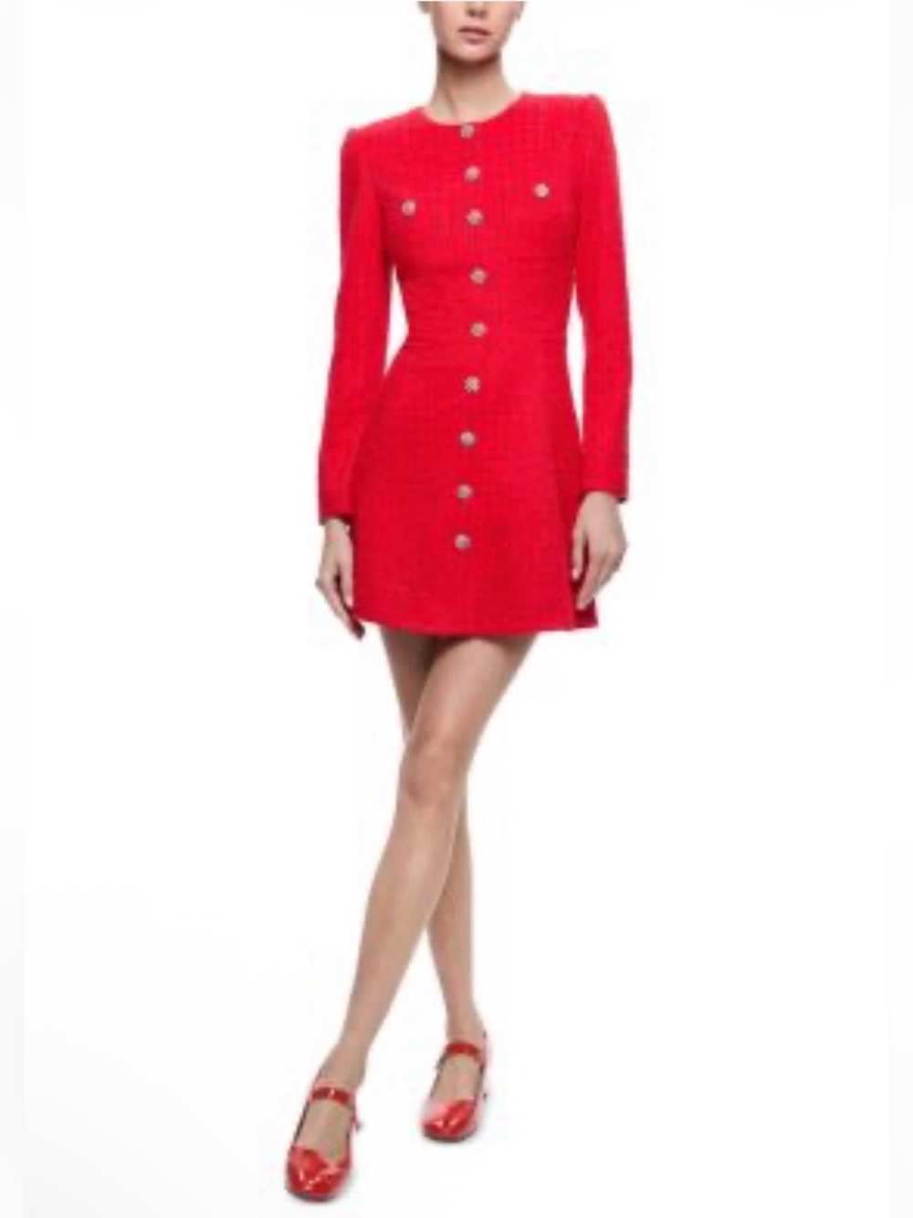 NWOT Alice + Olivia Vibrant Red Tweed Jewel-Button A-Line Dress Retail $549
